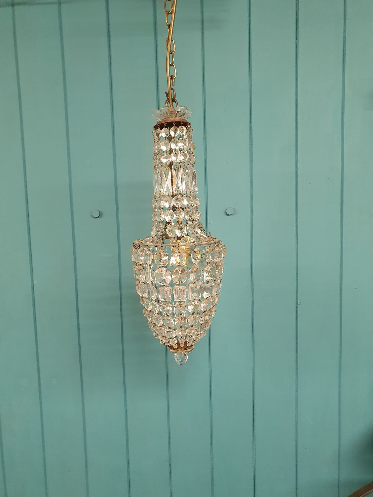 Small Antique Cut Glass Crystal Tent Chandelier 6"