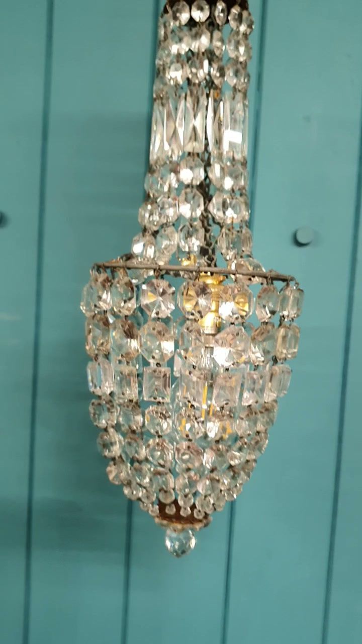 Small Antique Cut Glass Crystal Tent Chandelier 6" photo for sale
