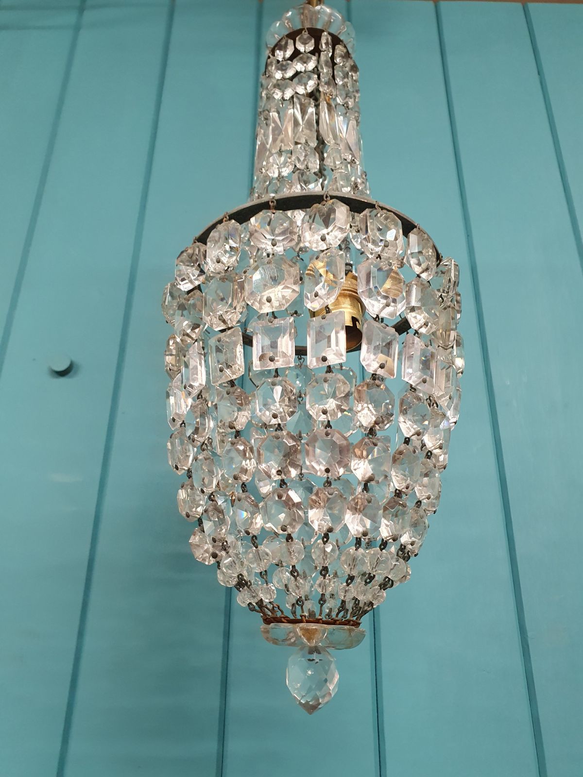 Small Antique Cut Glass Crystal Tent Chandelier 6" photo Lighting