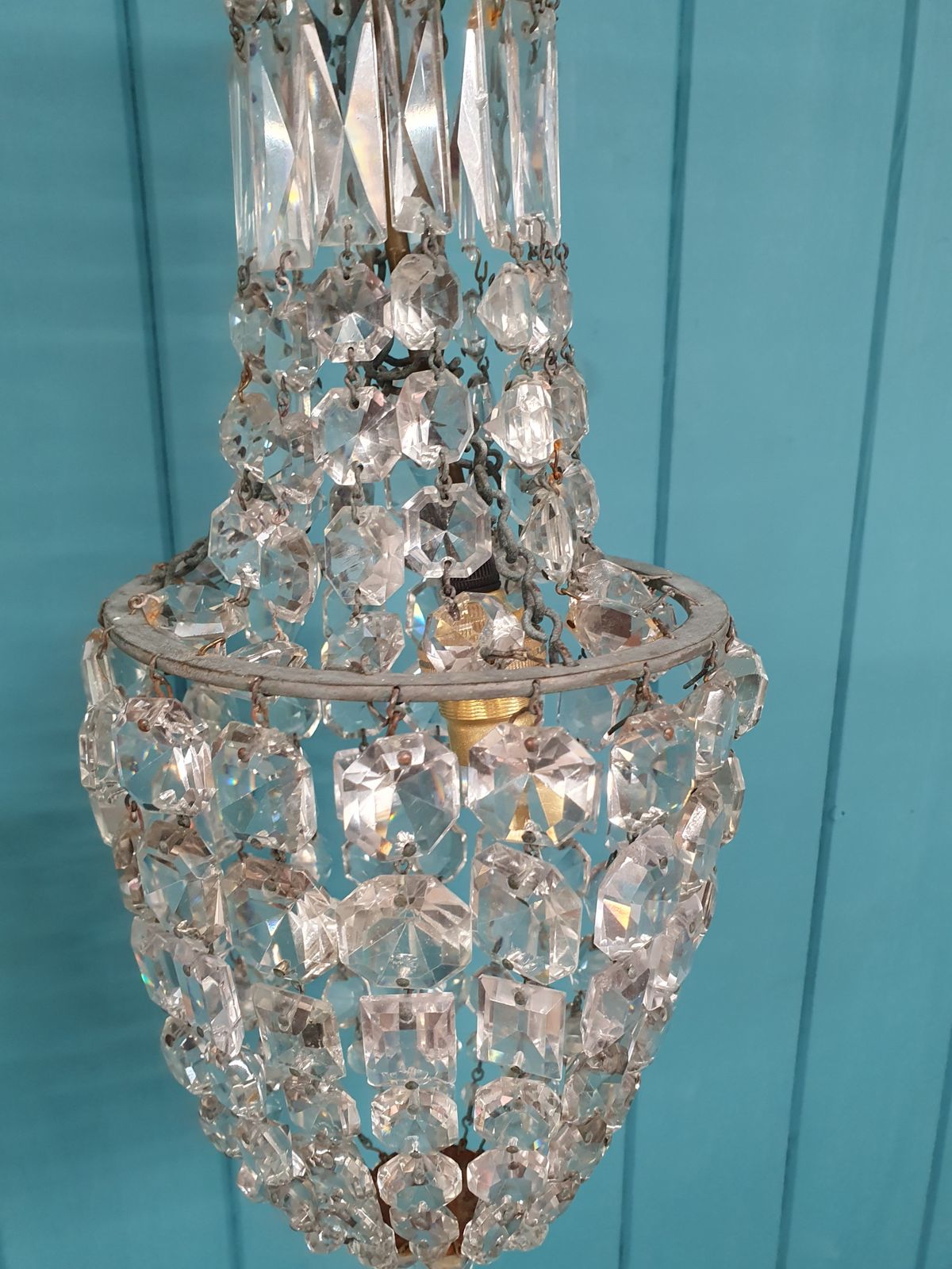 Small Antique Cut Glass Crystal Tent Chandelier 6" photo vinterior