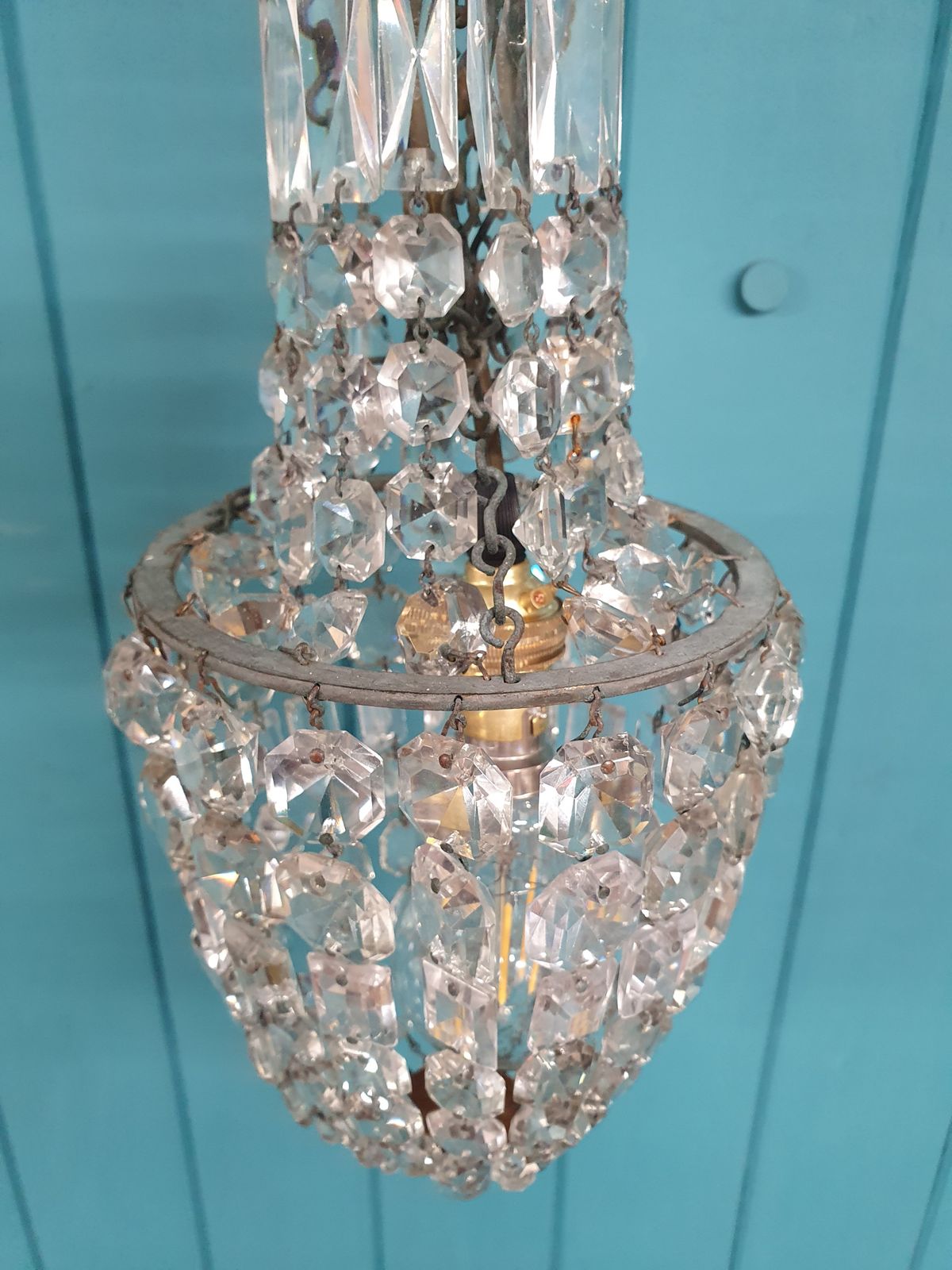 Small Antique Cut Glass Crystal Tent Chandelier 6" photo vintage