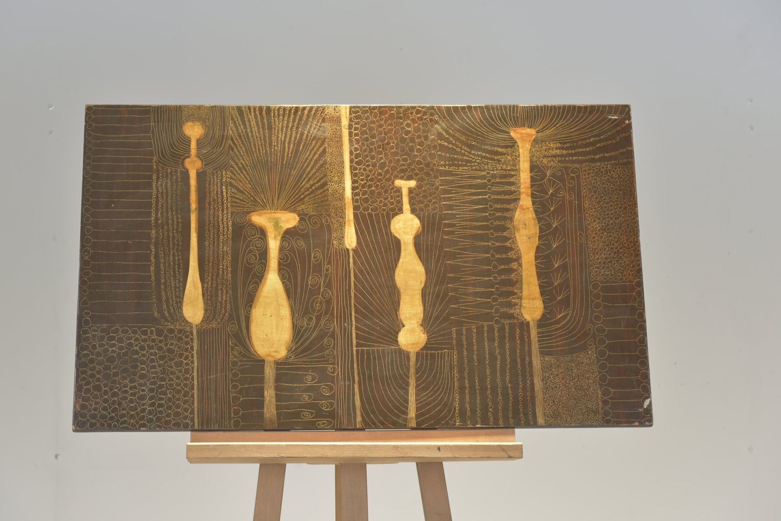 Abstract Plants, Scratch Picture Made Of Aluminum Foil, Chipboard Coated With Brownish Clear Varnish