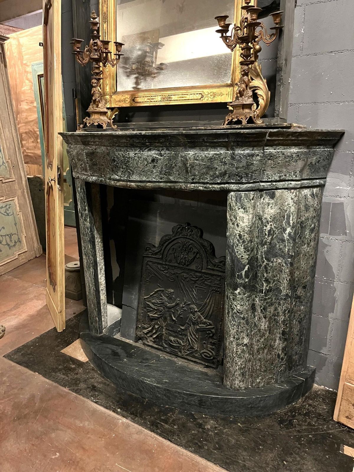Green Alps Marble Fireplace, Carved Art Deco And Complete With Base, Italy photo Home Fixtures