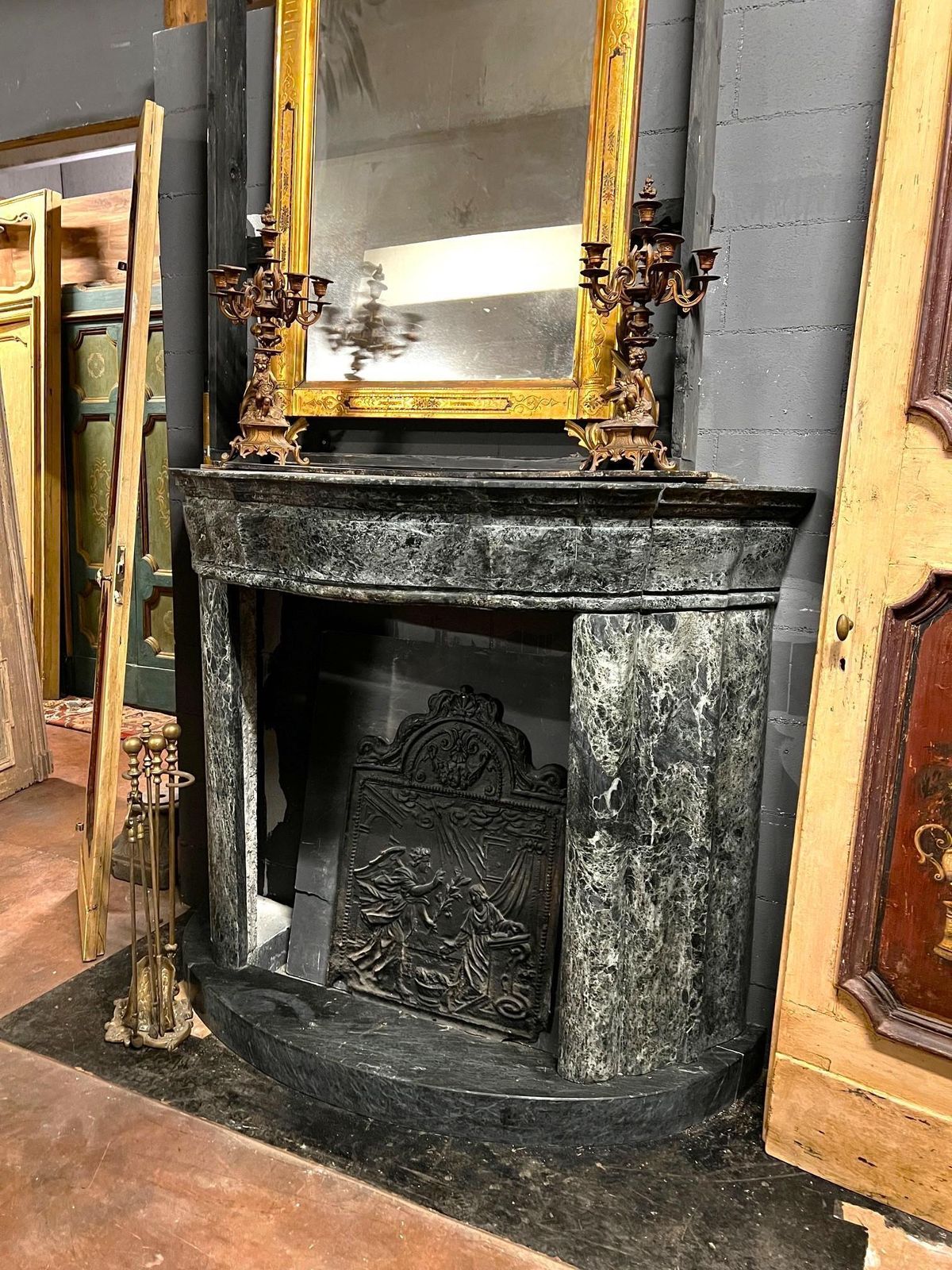 Green Alps Marble Fireplace, Carved Art Deco And Complete With Base, Italy photo 7113.0