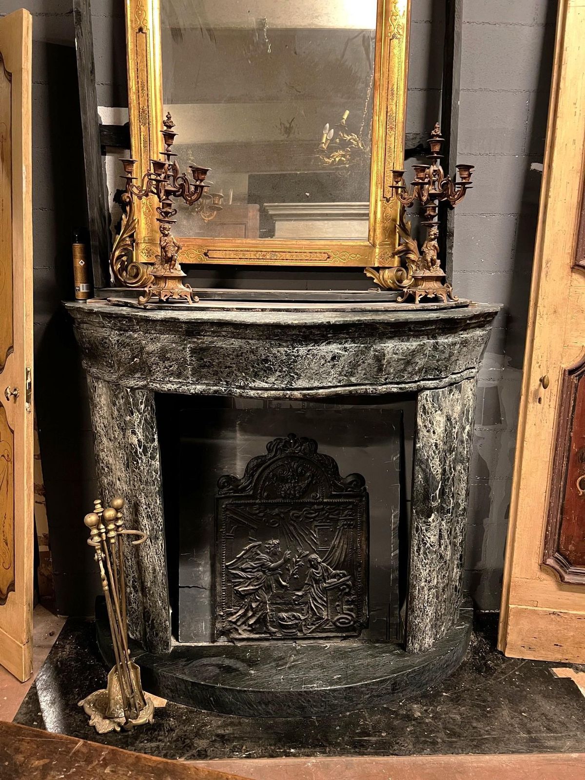 Green Alps Marble Fireplace, Carved Art Deco And Complete With Base, Italy photo buy