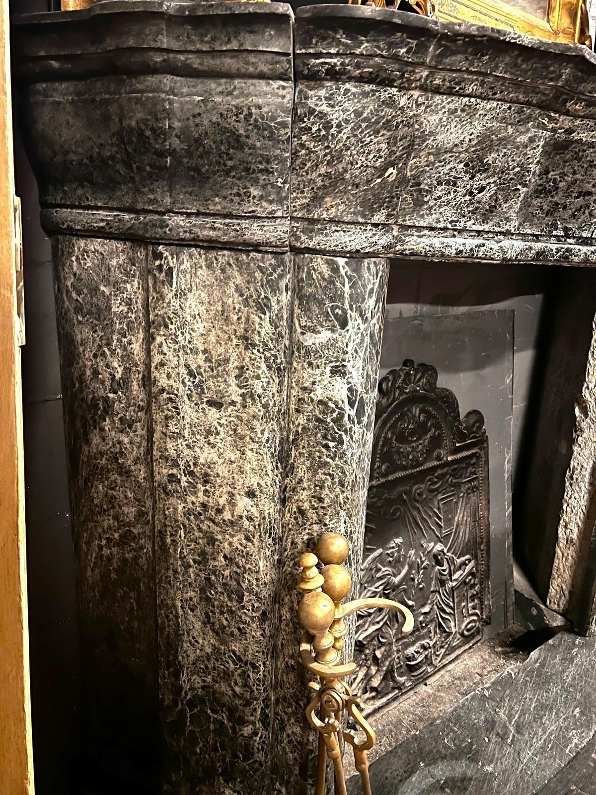 photo for sale Green Alps Marble Fireplace, Carved Art Deco And Complete With Base, Italy