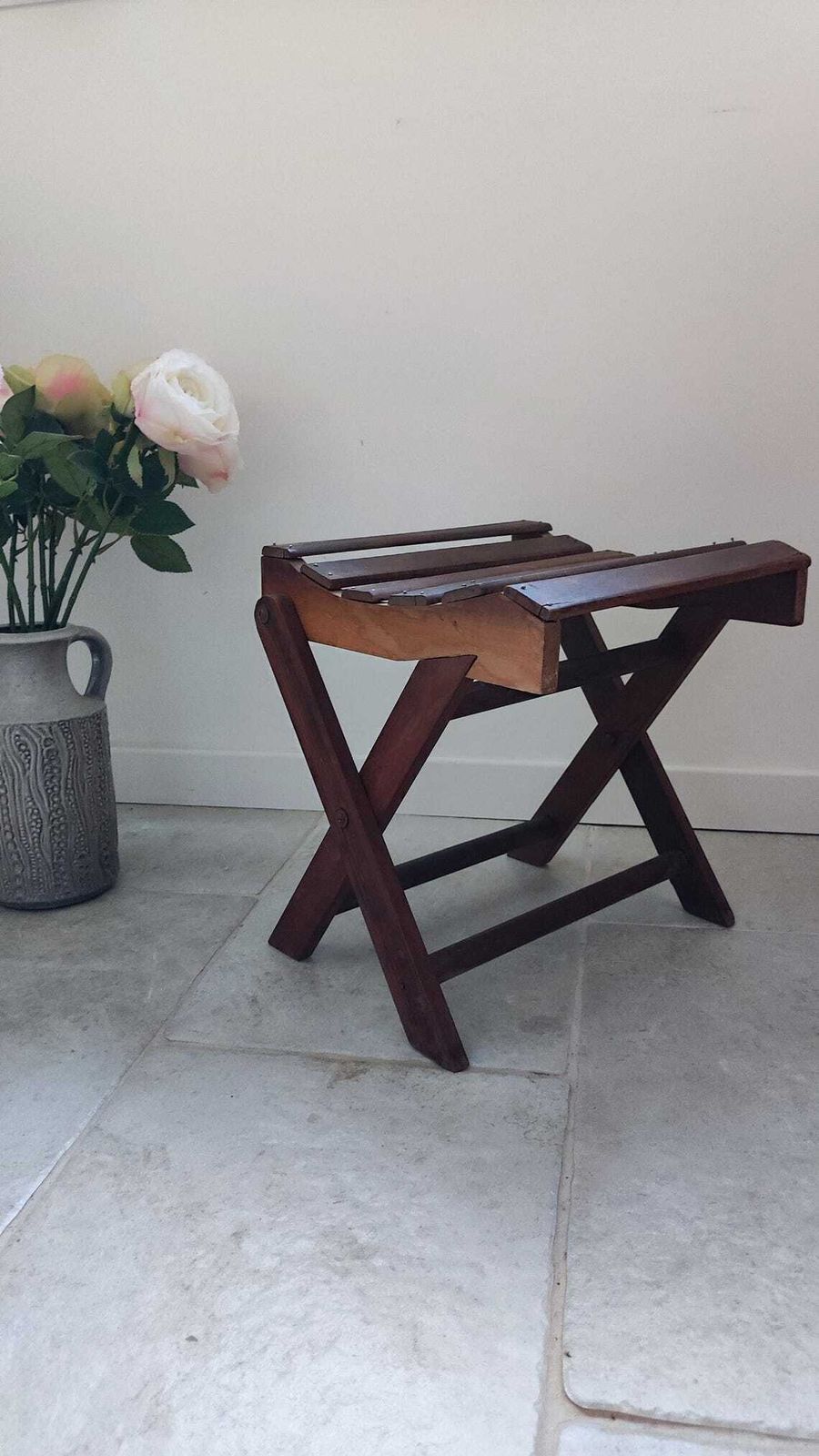 French Wooden Folding Stool With Slats, 1930s Footstool photo furniture