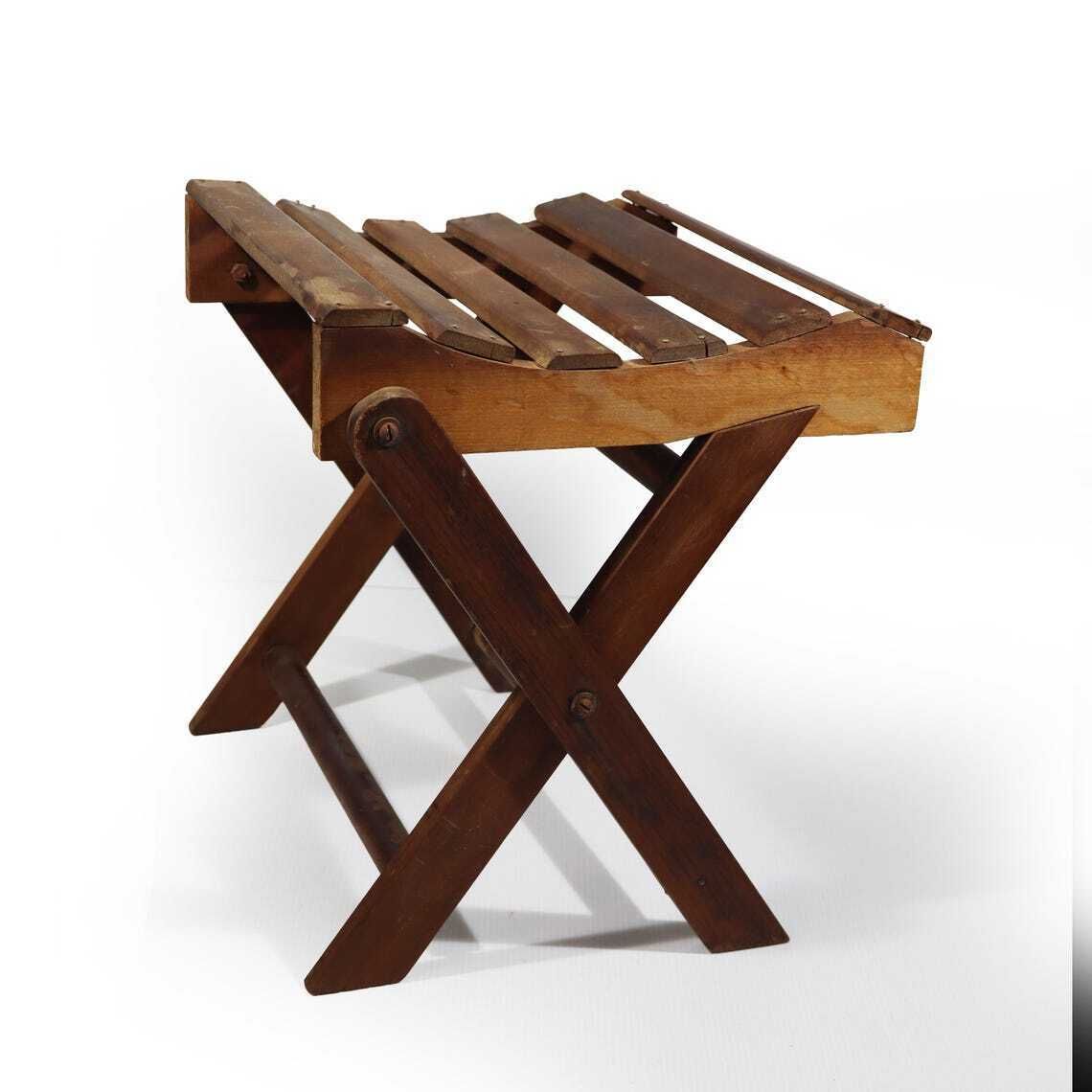 French Wooden Folding Stool With Slats, 1930s Footstool photo vintage