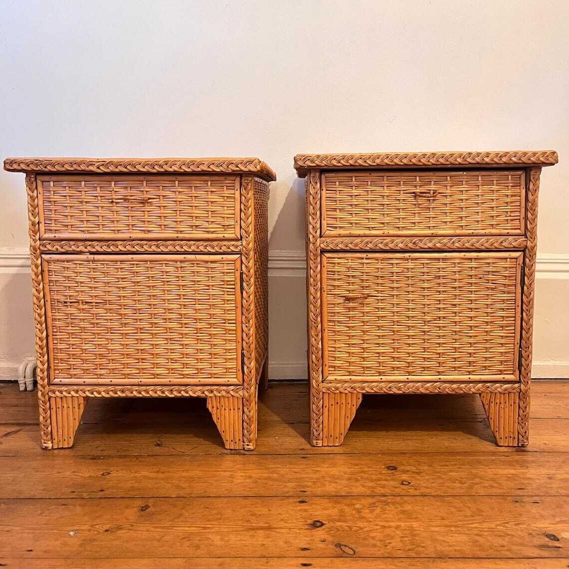 A Pair Of Wicker And Bamboo Bedside Cabinets/ Nightstands