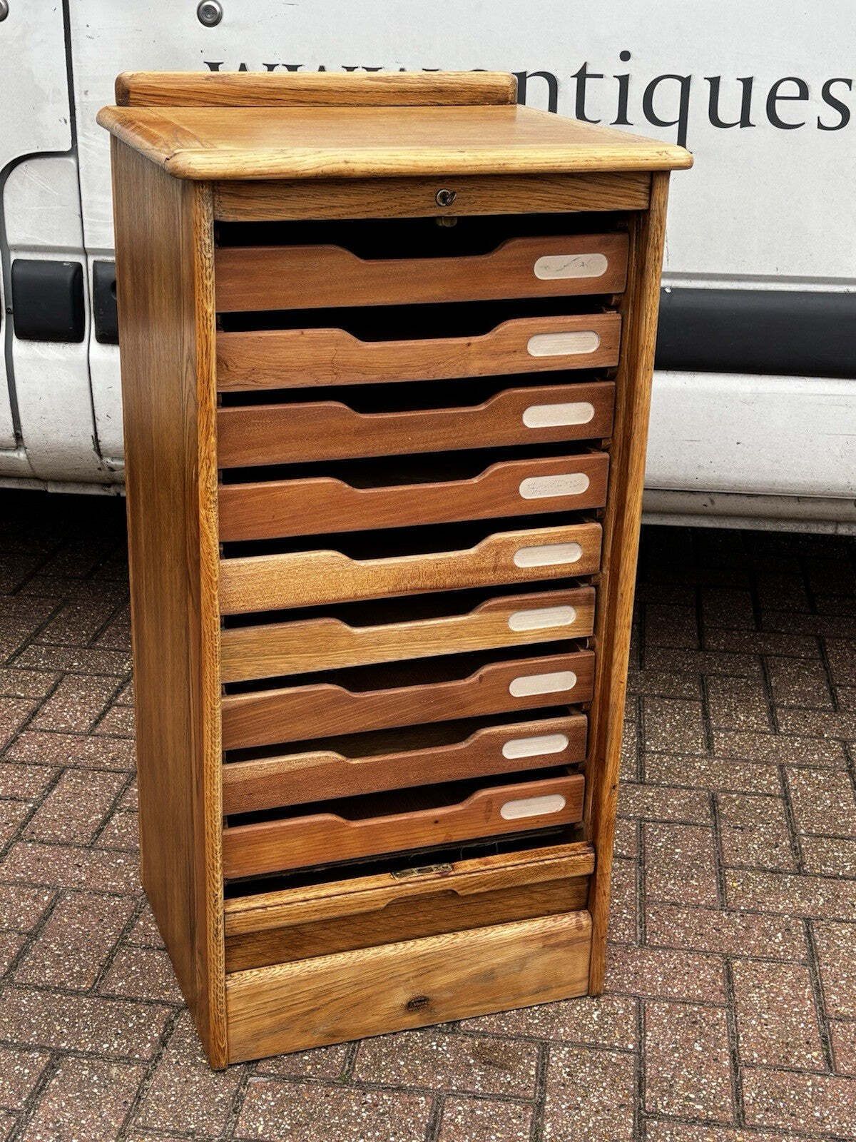 photo furniture Light Oak Set Of 9 Filing Drawers With Tambour Rolling Front, With Key