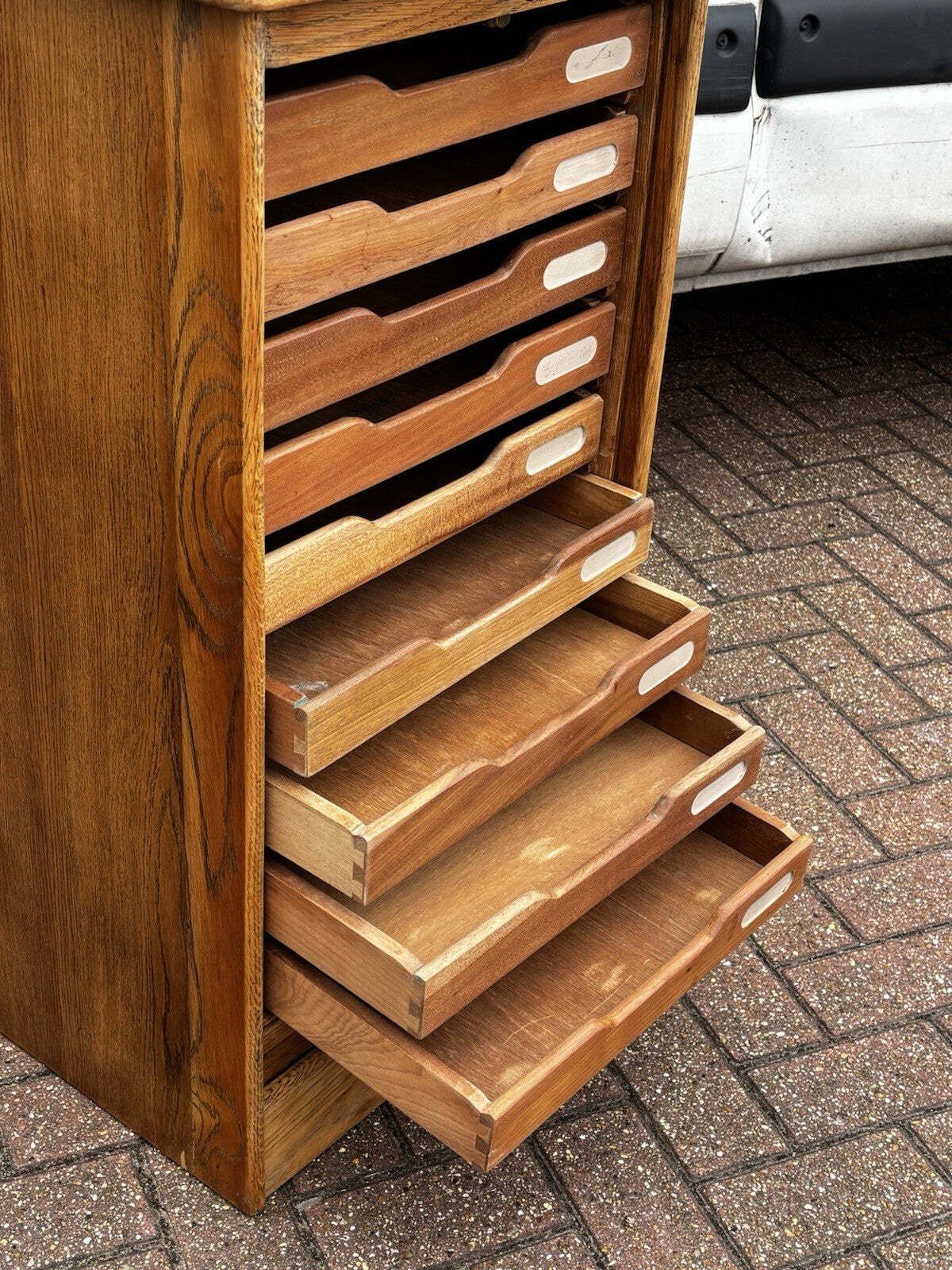 photo for sale Light Oak Set Of 9 Filing Drawers With Tambour Rolling Front, With Key