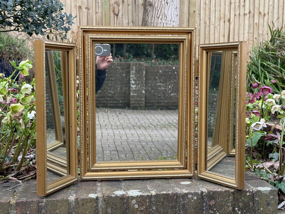Quality Original Vintage 1970s Gold Triple Dressing Table Mirror Ornate Folding Vanity Mirror photo furniture