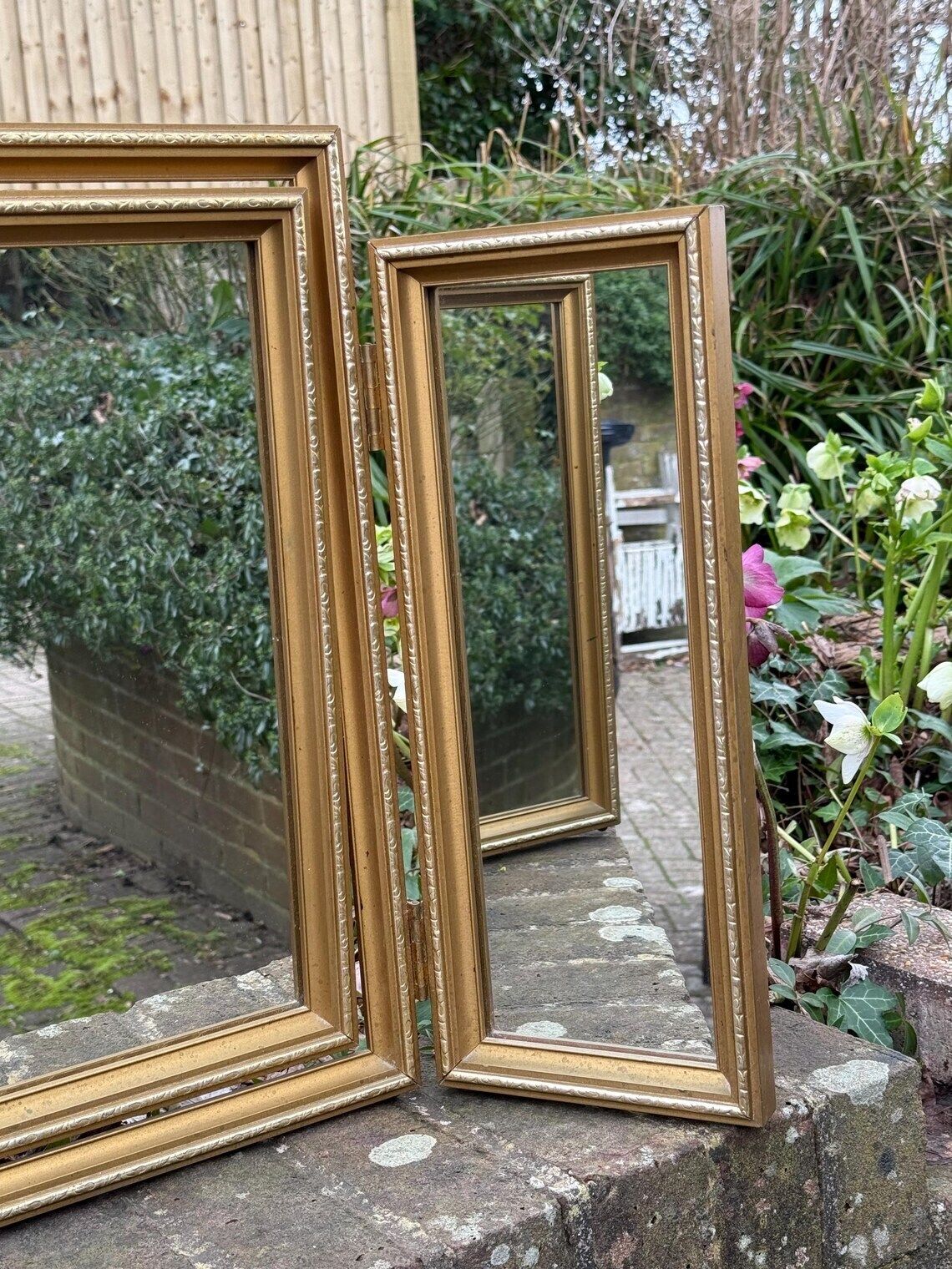 Quality Original Vintage 1970s Gold Triple Dressing Table Mirror Ornate Folding Vanity Mirror photo 195.0
