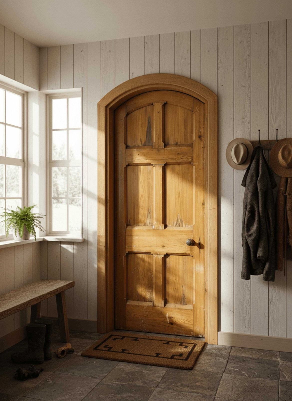 Victorian 6 Panel Pitch Pine Door With Arch & Original Carved Handles   Gothic Revival 19th Century