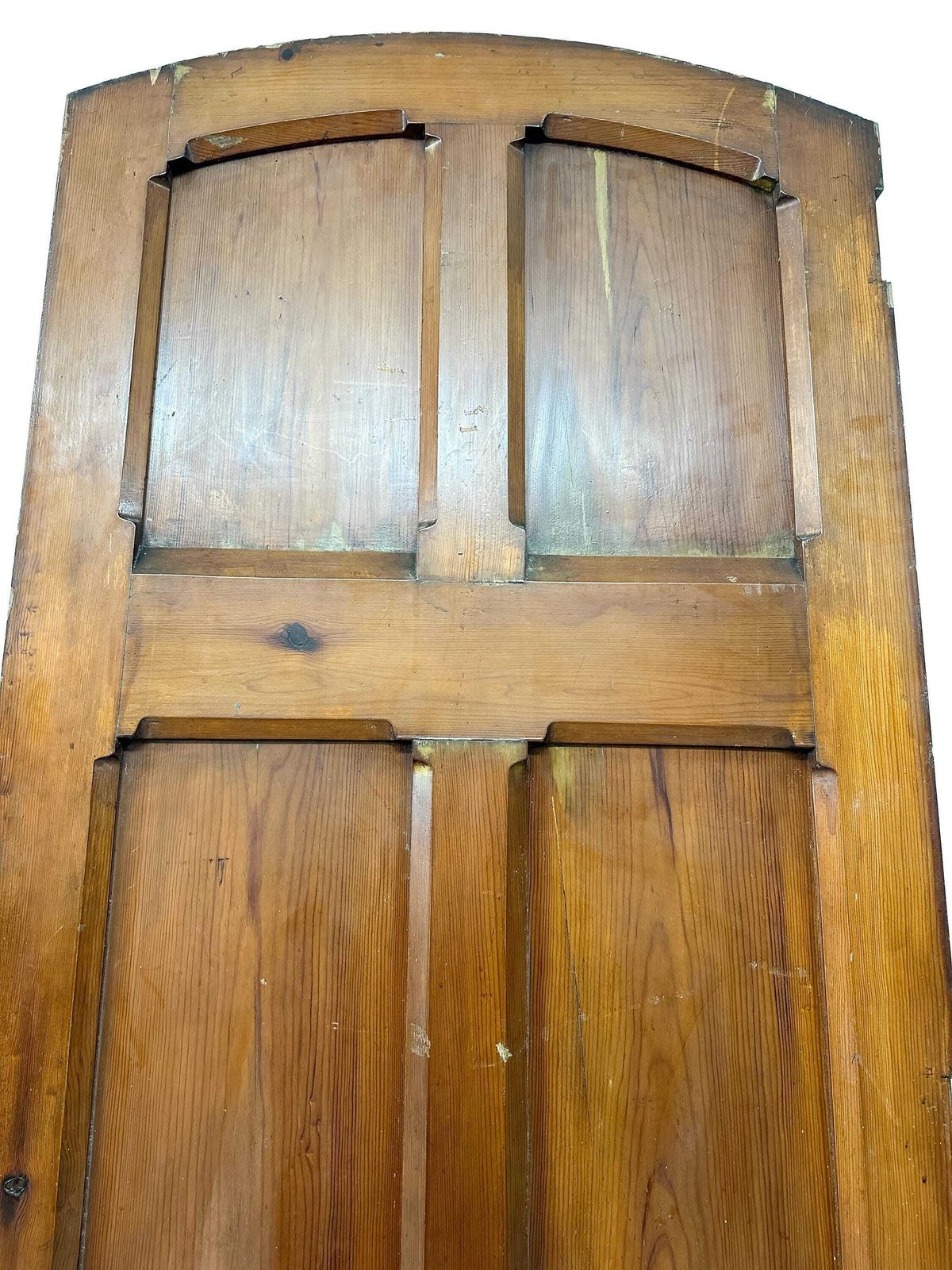 photo for sale Victorian 6 Panel Pitch Pine Door With Arch & Original Carved Handles   Gothic Revival 19th Century