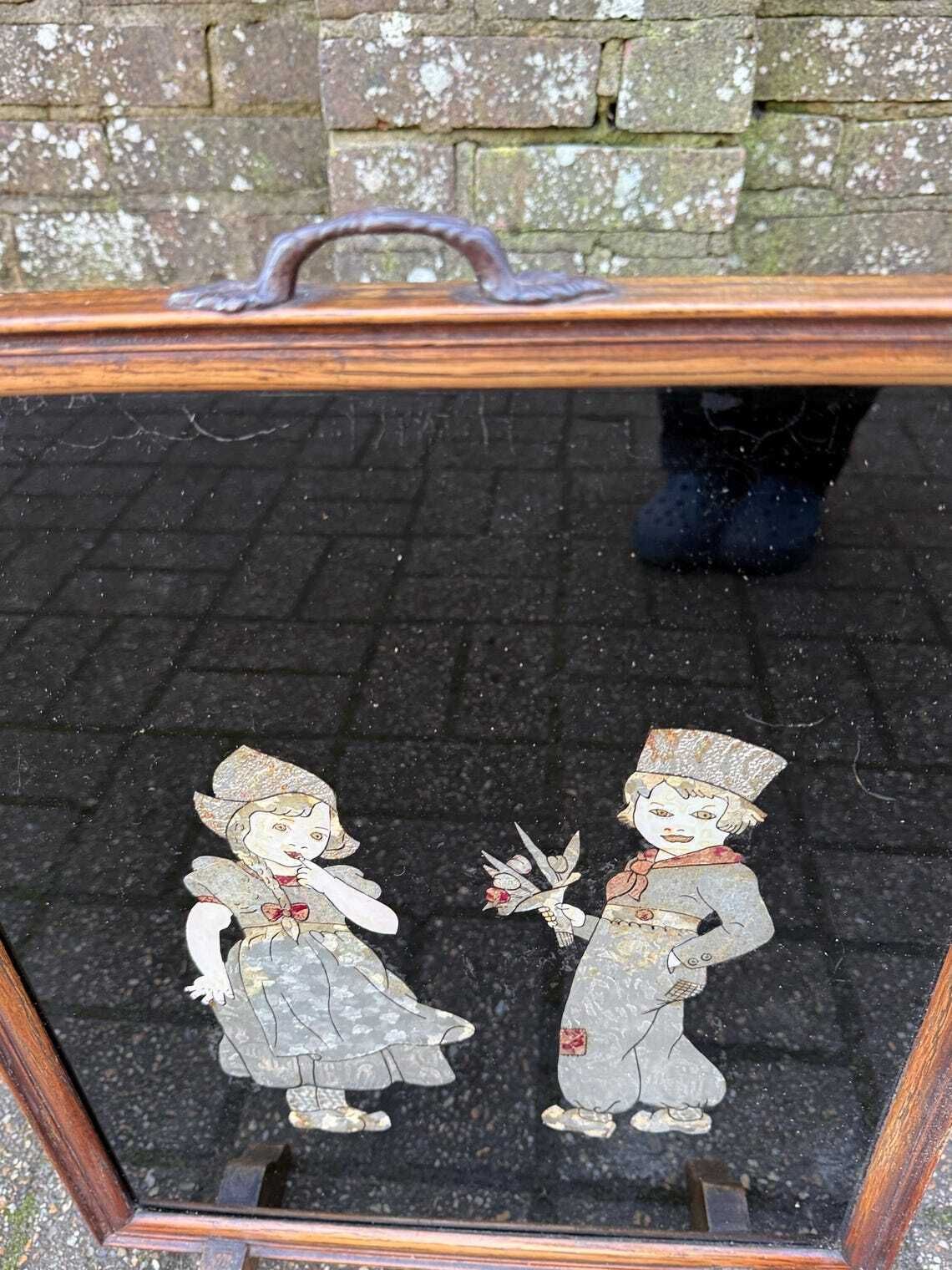 Antique 1920s Art Deco Black Lacquer Firescreen With Foil Appliqué Children, Vintage Fire Screen photo buy