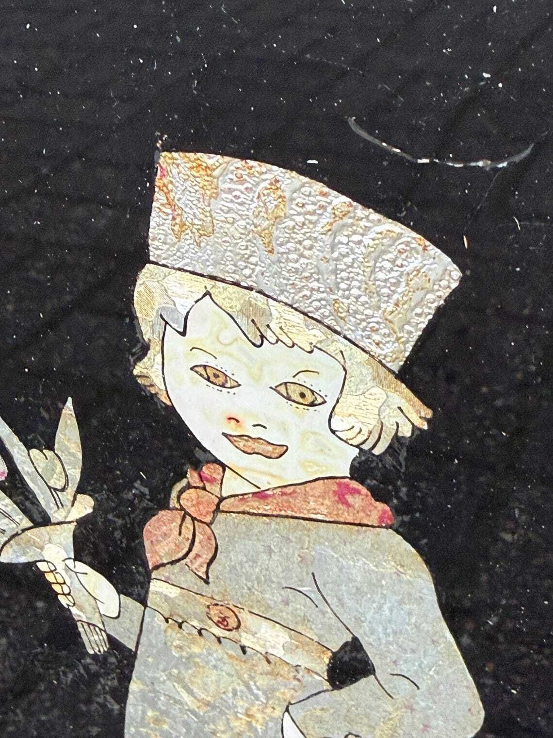 photo for sale Antique 1920s Art Deco Black Lacquer Firescreen With Foil Appliqué Children, Vintage Fire Screen