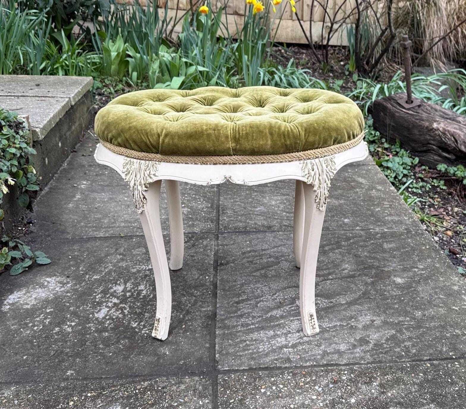 Gloriously Sumptuous Vintage French Style Tufted Velvet Stool Shabby Chic Footstool