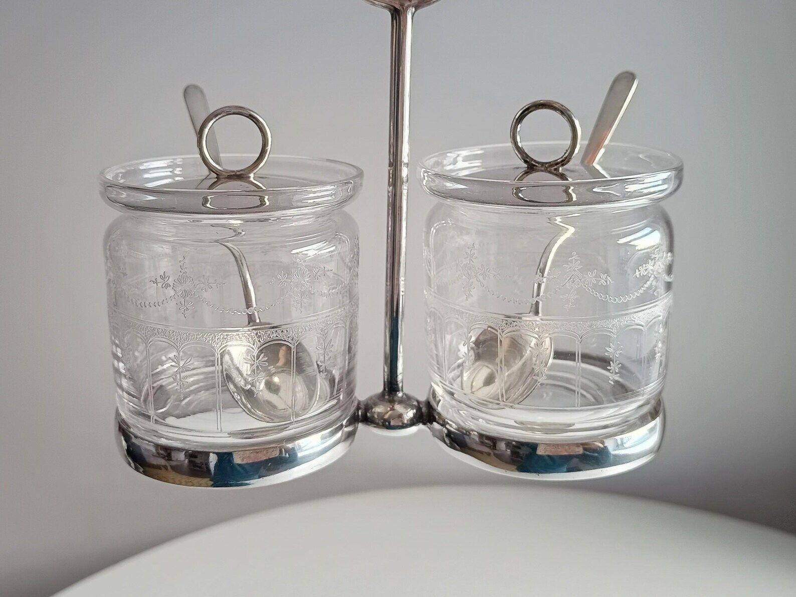 Vintage Hukin & Heath Silver Plate Double Jar Handled Serving Cruet: Stuart Crystal, C 1900 photo vintage