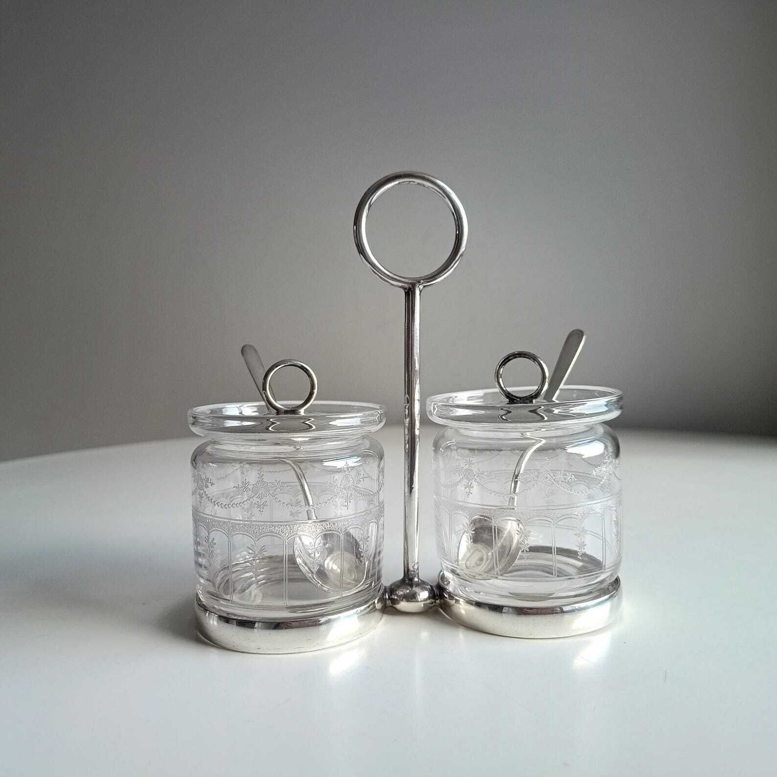 Vintage Hukin & Heath Silver Plate Double Jar Handled Serving Cruet: Stuart Crystal, C 1900