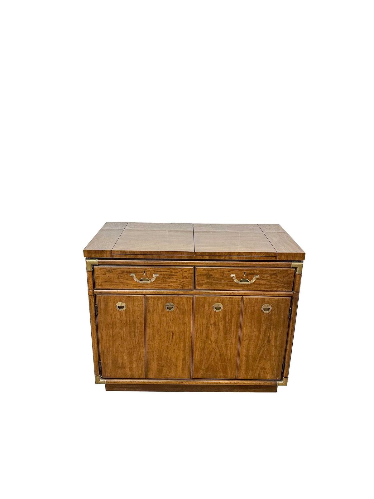 Vintage Drexel Heritage Sideboard Buffet Table   Mid Century Modern 1970’s Campaign Style Cabinet W/ Brass Inlaid Handles