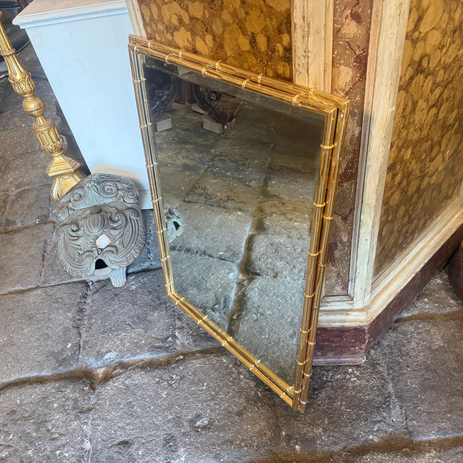 2002.0 1970s Hollywood Regency Bamboo Shaped Brass Italian Wall Mirror photo