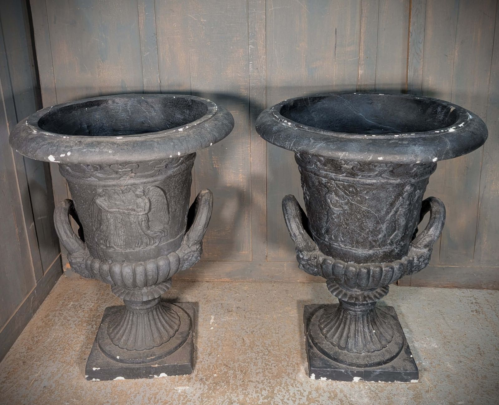 Extra Large Pair Of Composite Faux Cast Iron Campana Shaped Urns photo for sale