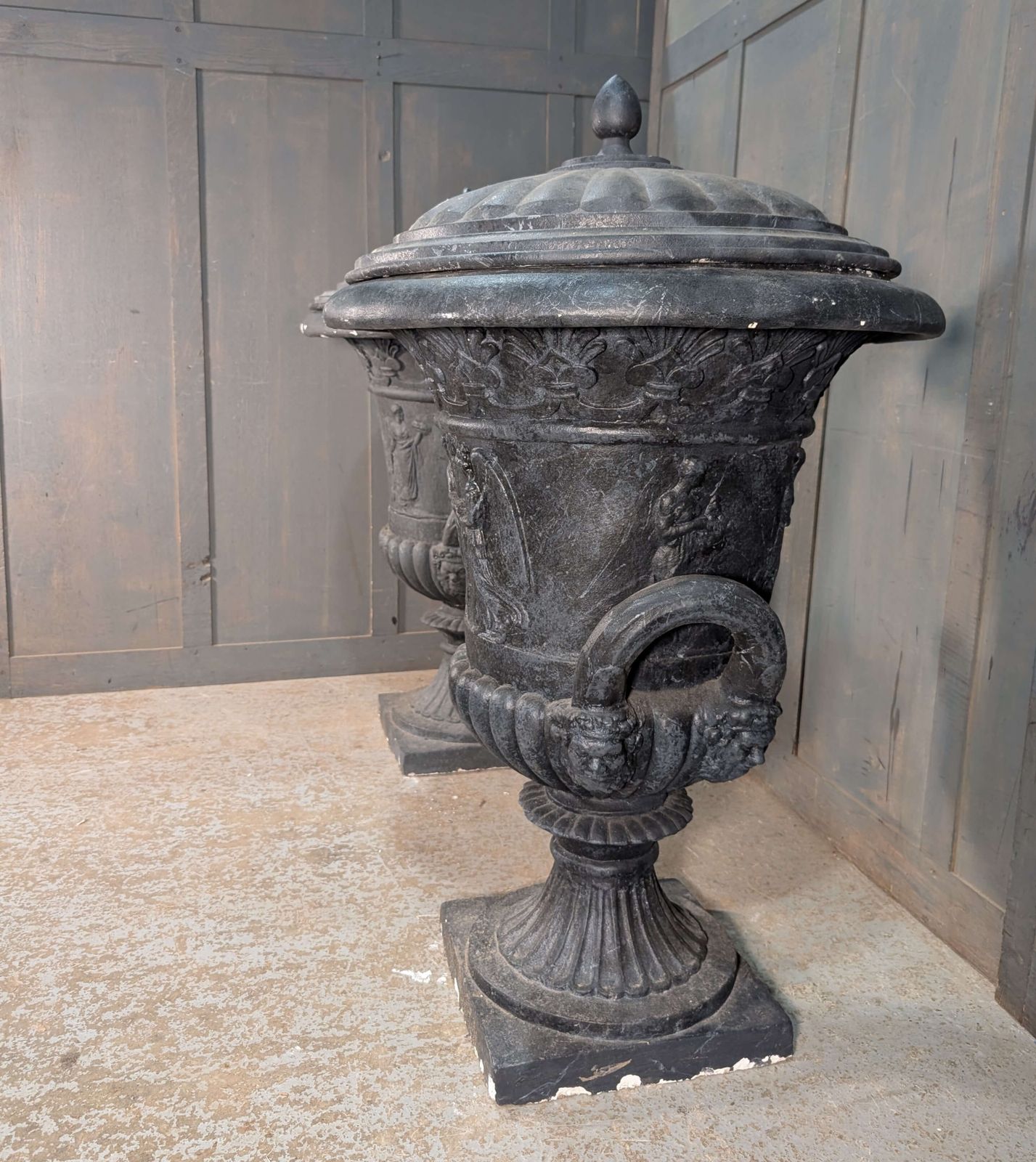 Extra Large Pair Of Composite Faux Cast Iron Campana Shaped Urns photo buy