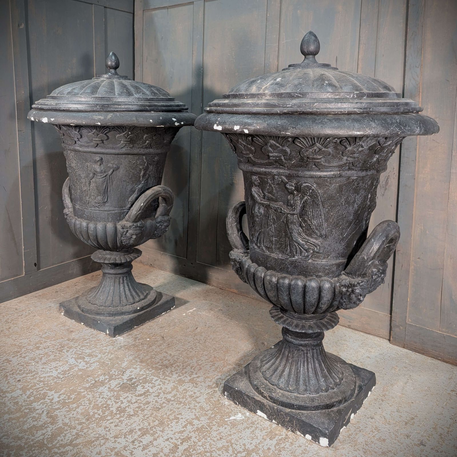 photo furniture Extra Large Pair Of Composite Faux Cast Iron Campana Shaped Urns