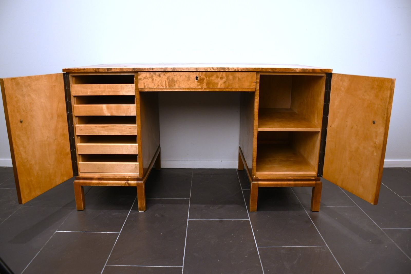 Swedish Grace Flamed Birch And Macassar Desk From Svenska Möbelfabrikerna Smf, Early 1920s photo for sale