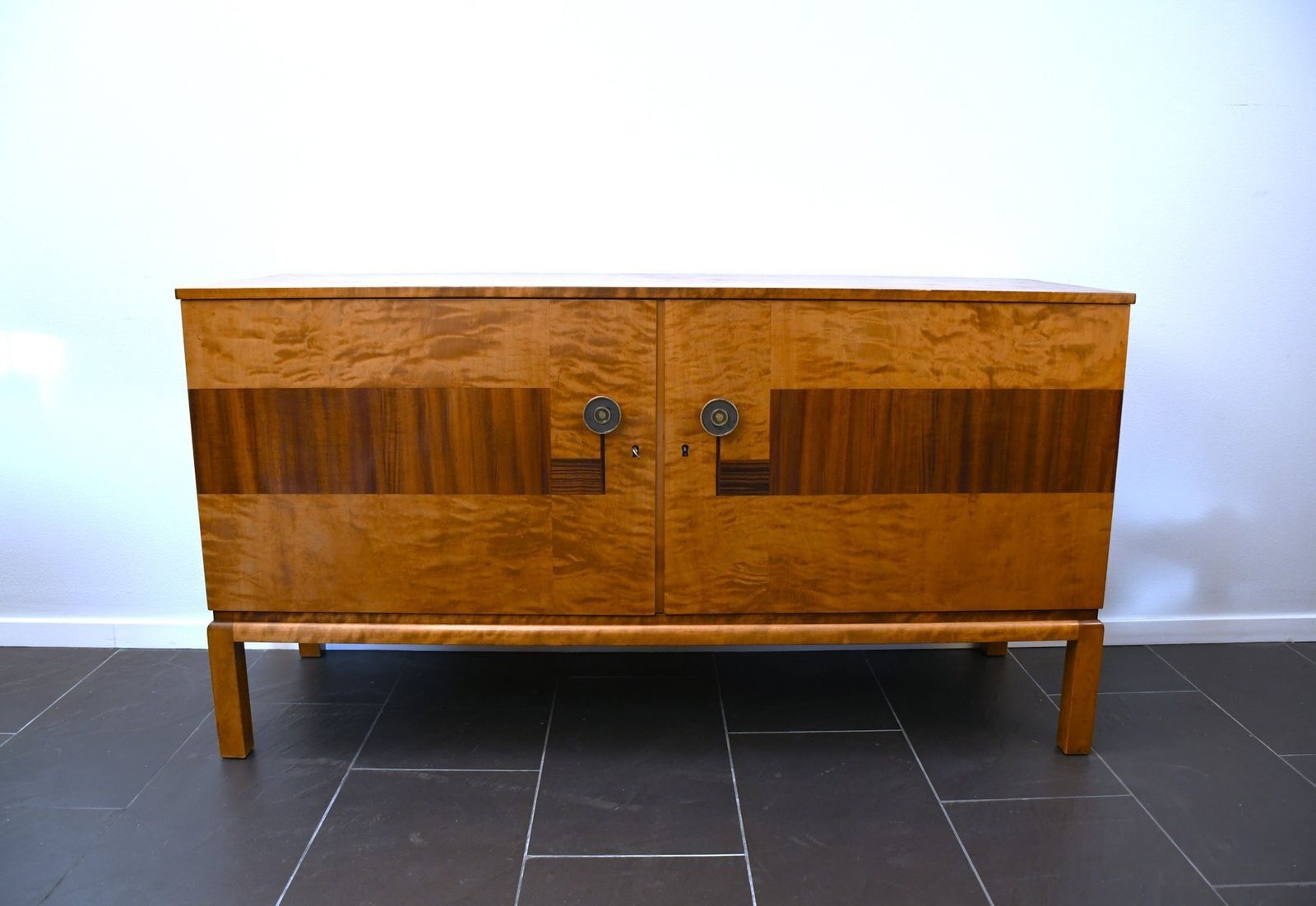 Rare Swedish Grace Flamed Birch And Macassar Sideboard By Svenska Möbelfabrikerna Smf, Late 1920s photo for sale