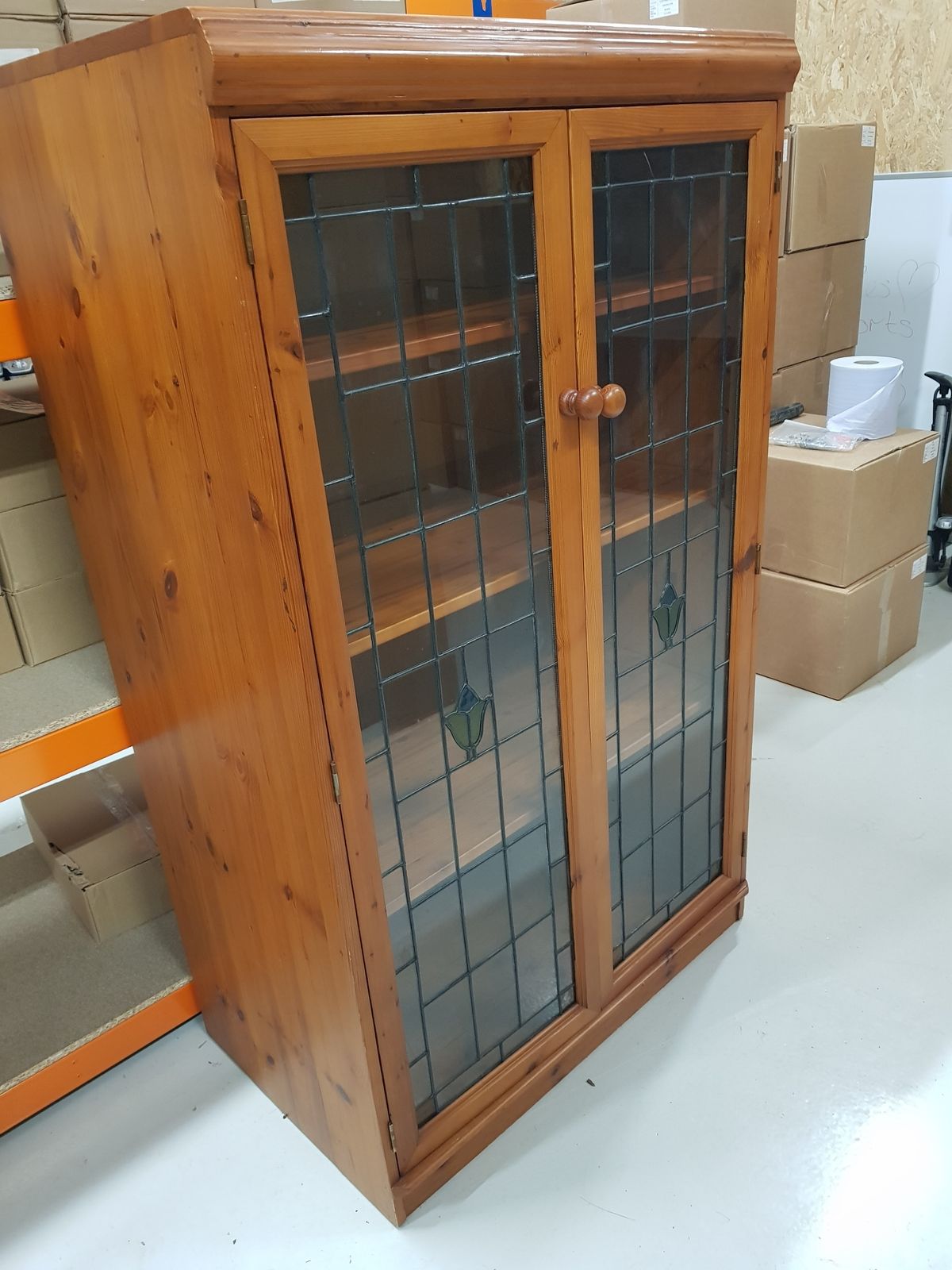 Sold Rose Wood Display Cabinet, With 'Leaded' Glass Doors And 3 Shevles photo furniture