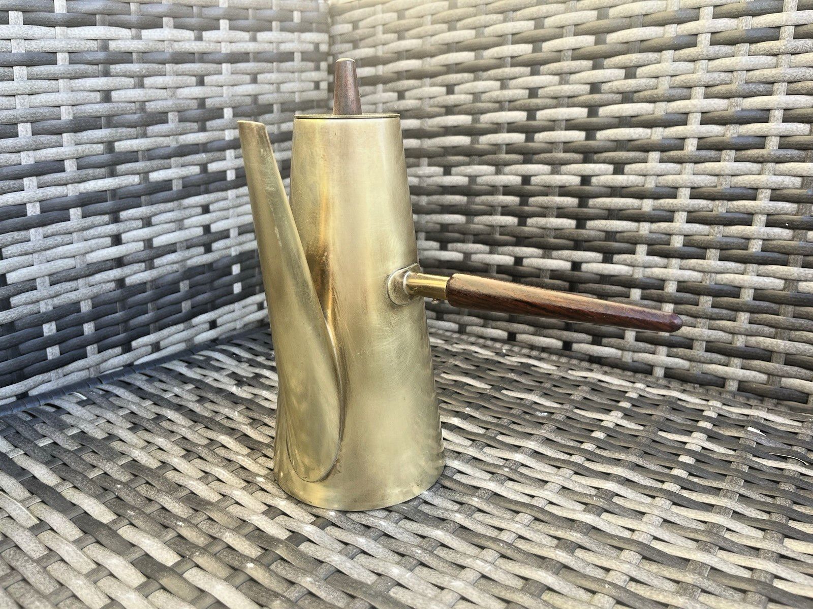 Mid Century Modern Italian Designer Brass Teak Coffee Pot Italy Cafe Bar Display photo for sale