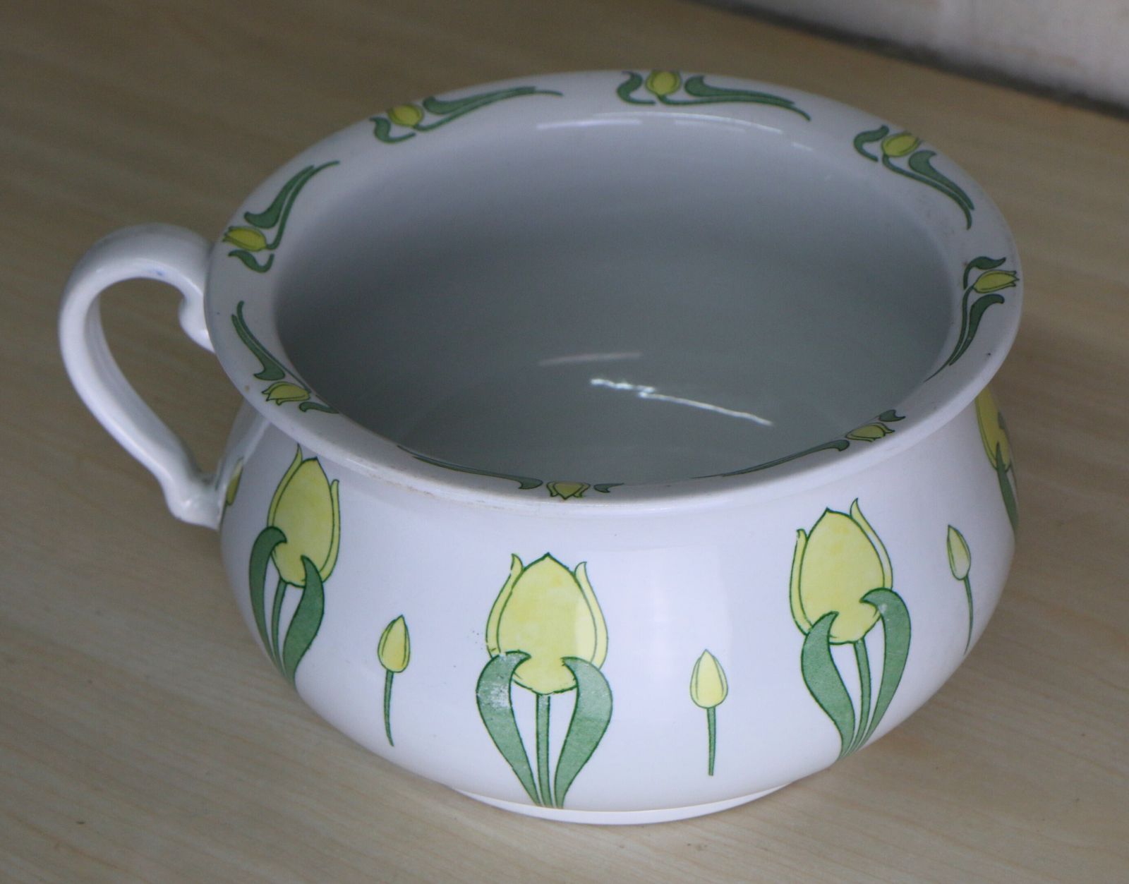An Art Nouveau Decorative Ceramic Chamber Pot With Stylised Yellow Tulips photo vintage