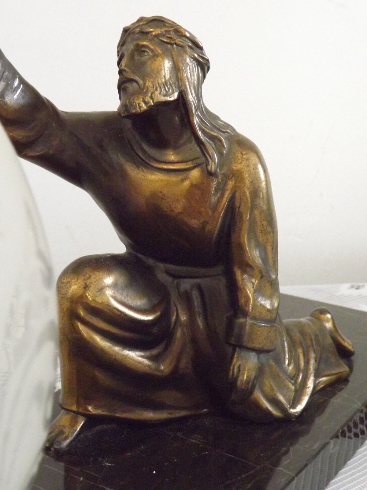 photo for sale French Art Deco Table Lamp Spelter Figure Of Christ Marble Base Glass Shade