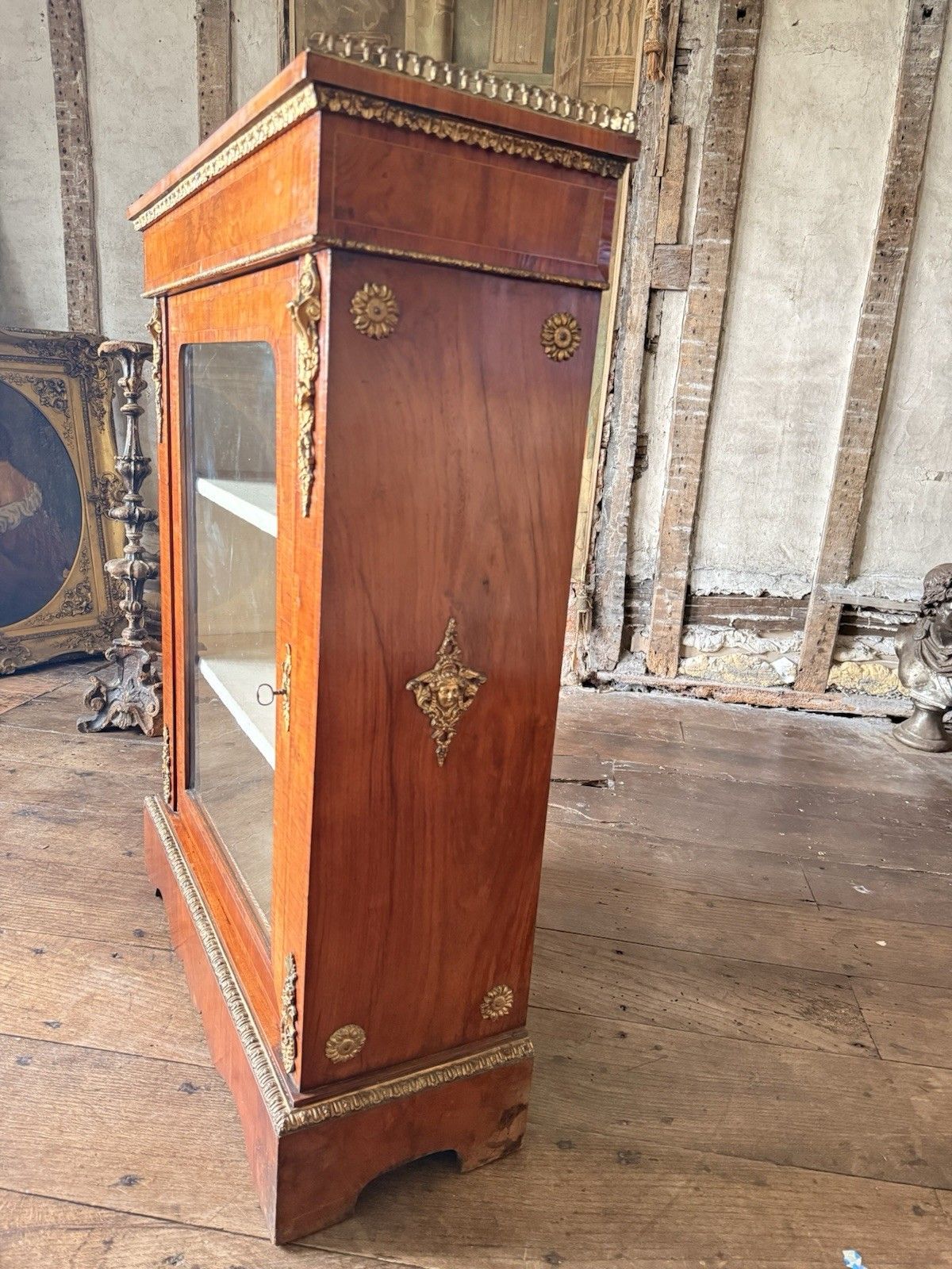 Exceptional Antique Walnut Glass English Pier Ormolu Cabinet W/ Gallery 1870 photo vintage