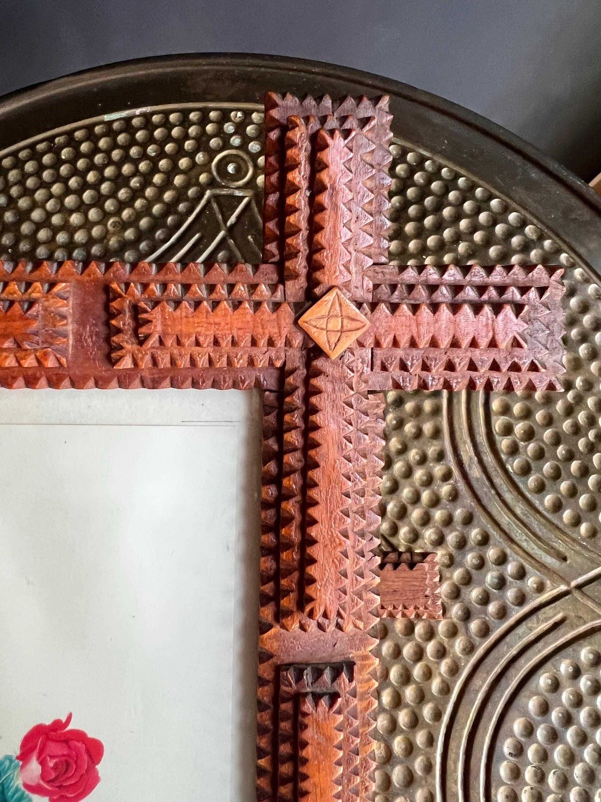 Antique Tramp Art Wood Frames, Hand Carved Crown Of Thorns, Swiss Folk Art Pair photo furniture