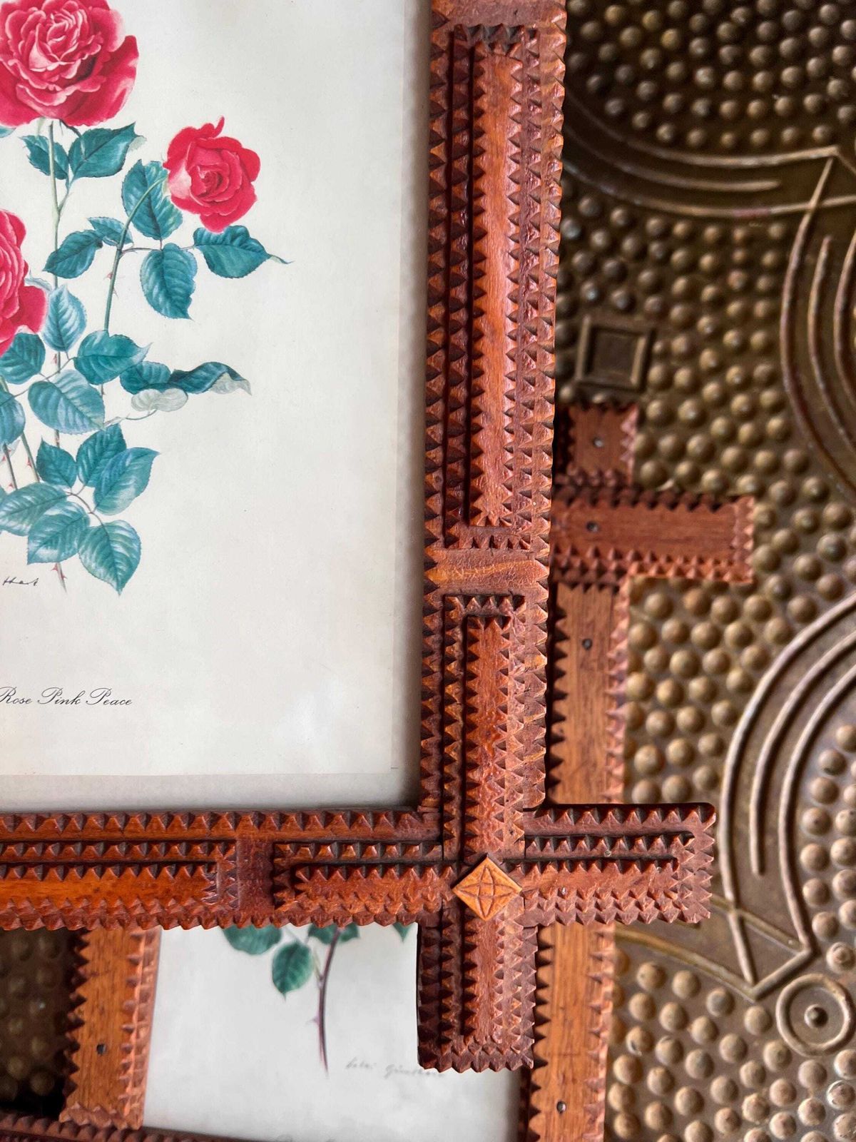 Antique Tramp Art Wood Frames, Hand Carved Crown Of Thorns, Swiss Folk Art Pair photo for sale