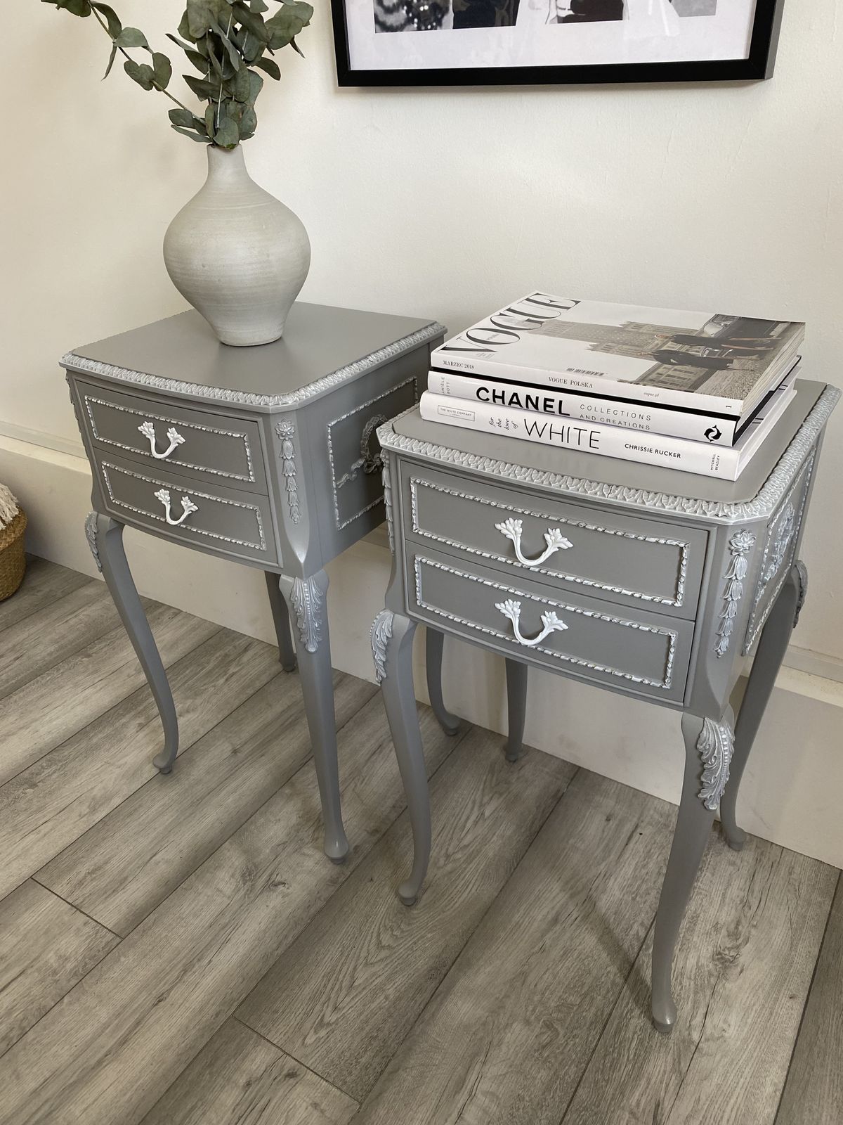 French Louis Olympus Style Bedside Table  Cabinets  Grey Painted In Fusion Mineral Paint photo for sale