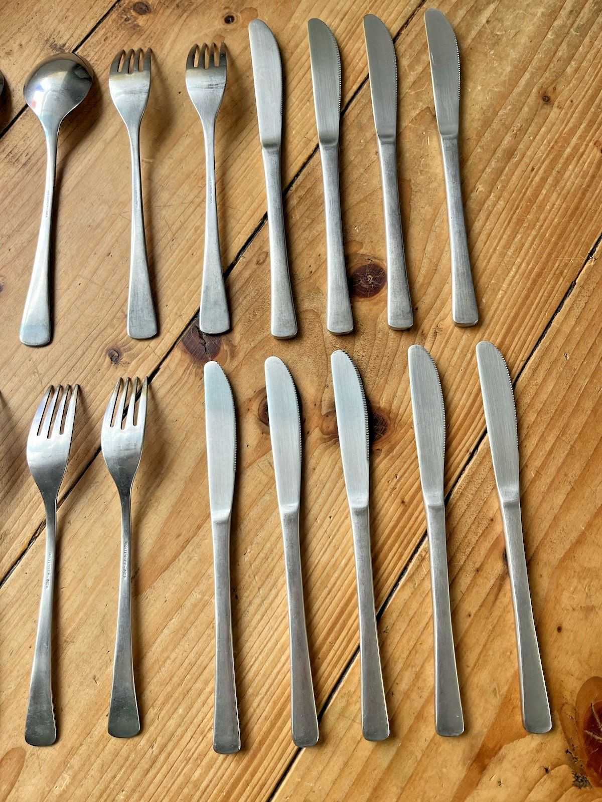 Mid Century Modernist Eternum Part Cutlery Set Knife Fork Spoon Scanline Style photo vintage