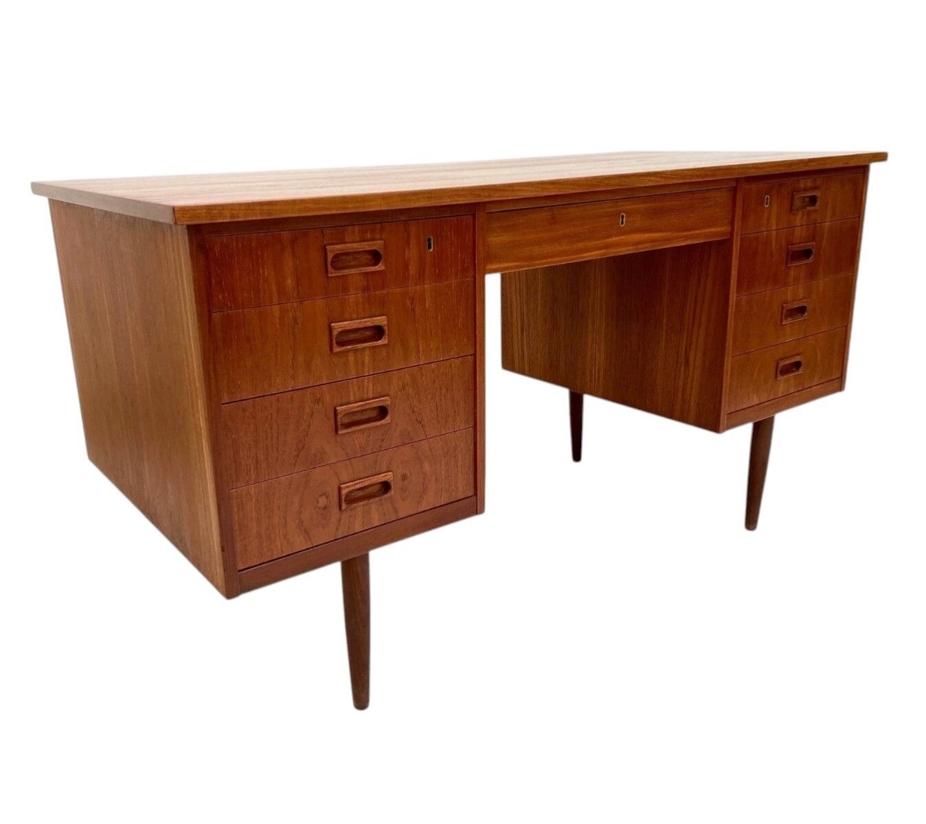 Danish Large Teak Writing Desk With Recessed Handles Double Pedestal Mid Century 1960s photo furniture