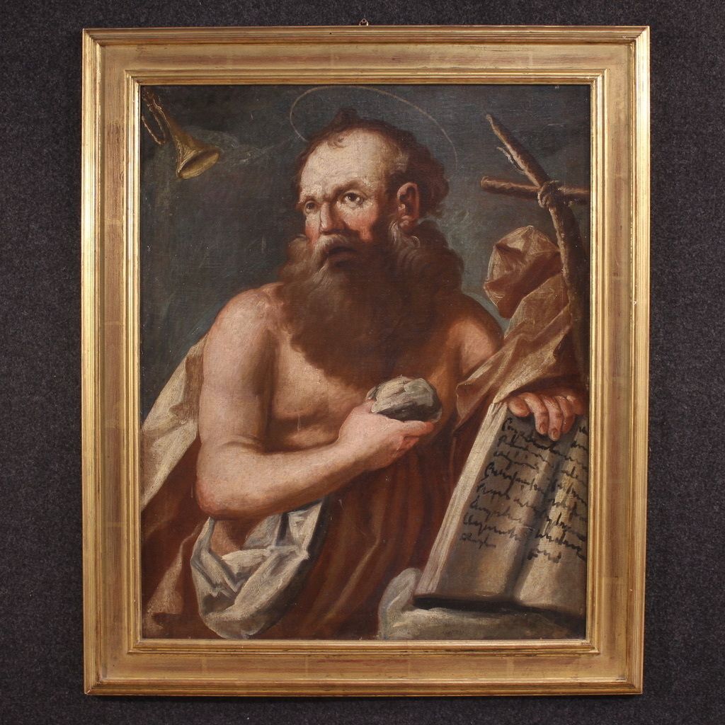Antique Religious Painting From The 17th Century, Penitent Saint Jerome