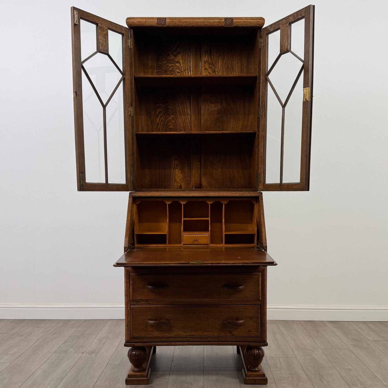 Antique 20th Century Art Deco Golden Oak Bureau Bookcase ( Af 5245 ) photo for sale
