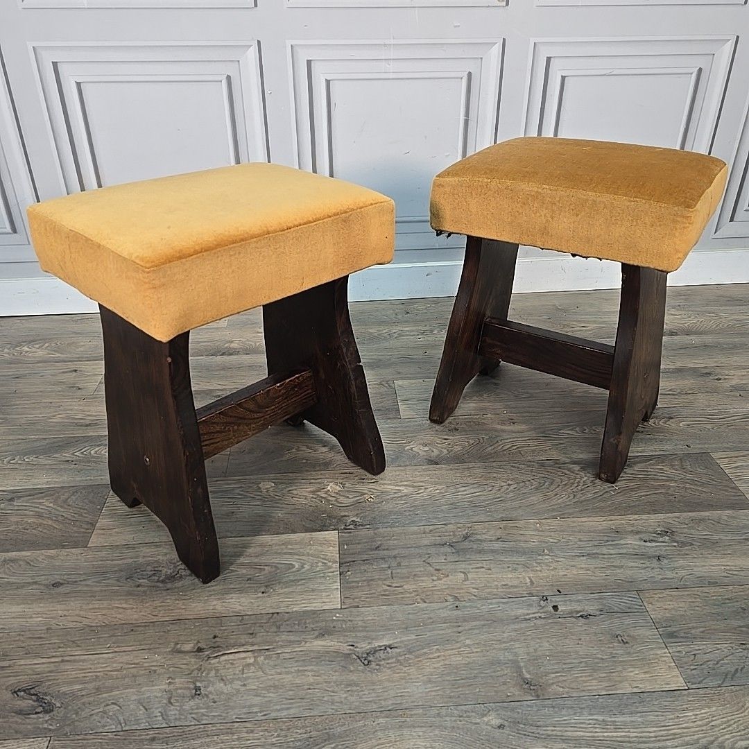 Pair Vintage Oak Stools Upholstered Wooden Seats Rustic Pub Home Bar Mancave