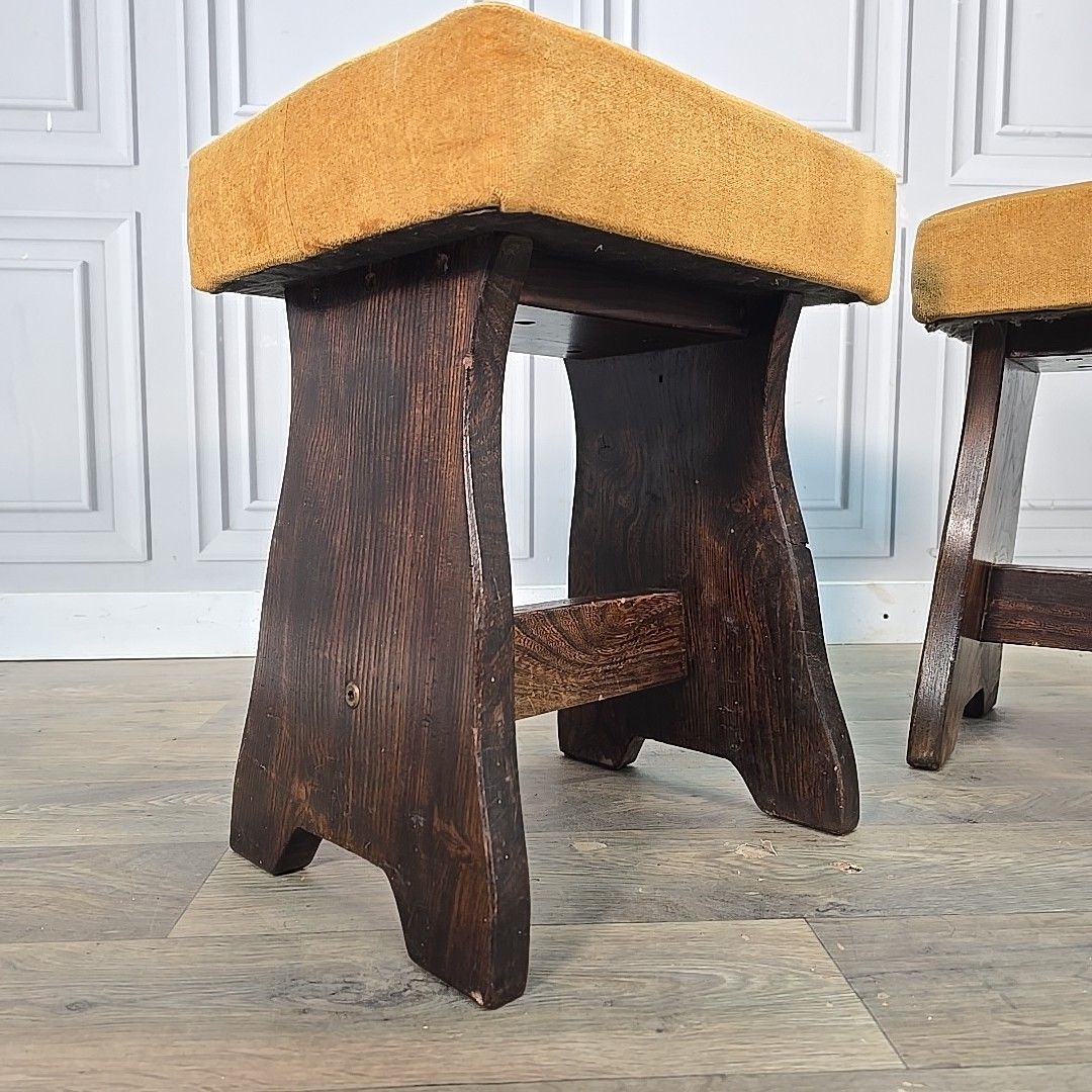 Pair Vintage Oak Stools Upholstered Wooden Seats Rustic Pub Home Bar Mancave photo for sale
