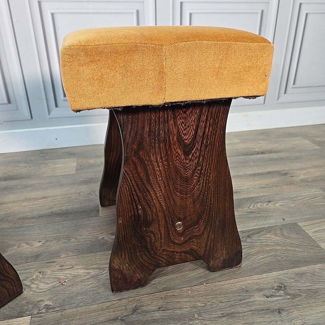 Furniture Pair Vintage Oak Stools Upholstered Wooden Seats Rustic Pub Home Bar Mancave photo