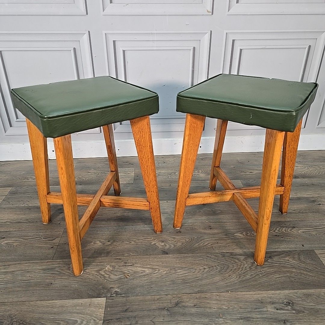 Pair Mid Century Stools Maple & Co Solid Beech Green Vinyl Seats Pub Bar photo for sale