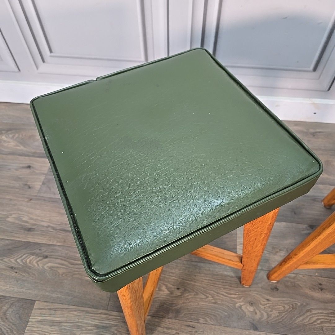 Pair Mid Century Stools Maple & Co Solid Beech Green Vinyl Seats Pub Bar photo Furniture