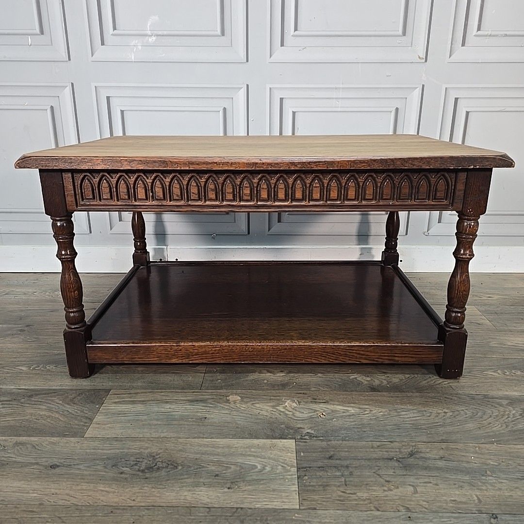 Furniture Vintage Oak Coffee Table Old Mill Antique Jacobean Style Vintage Gothic Wood photo