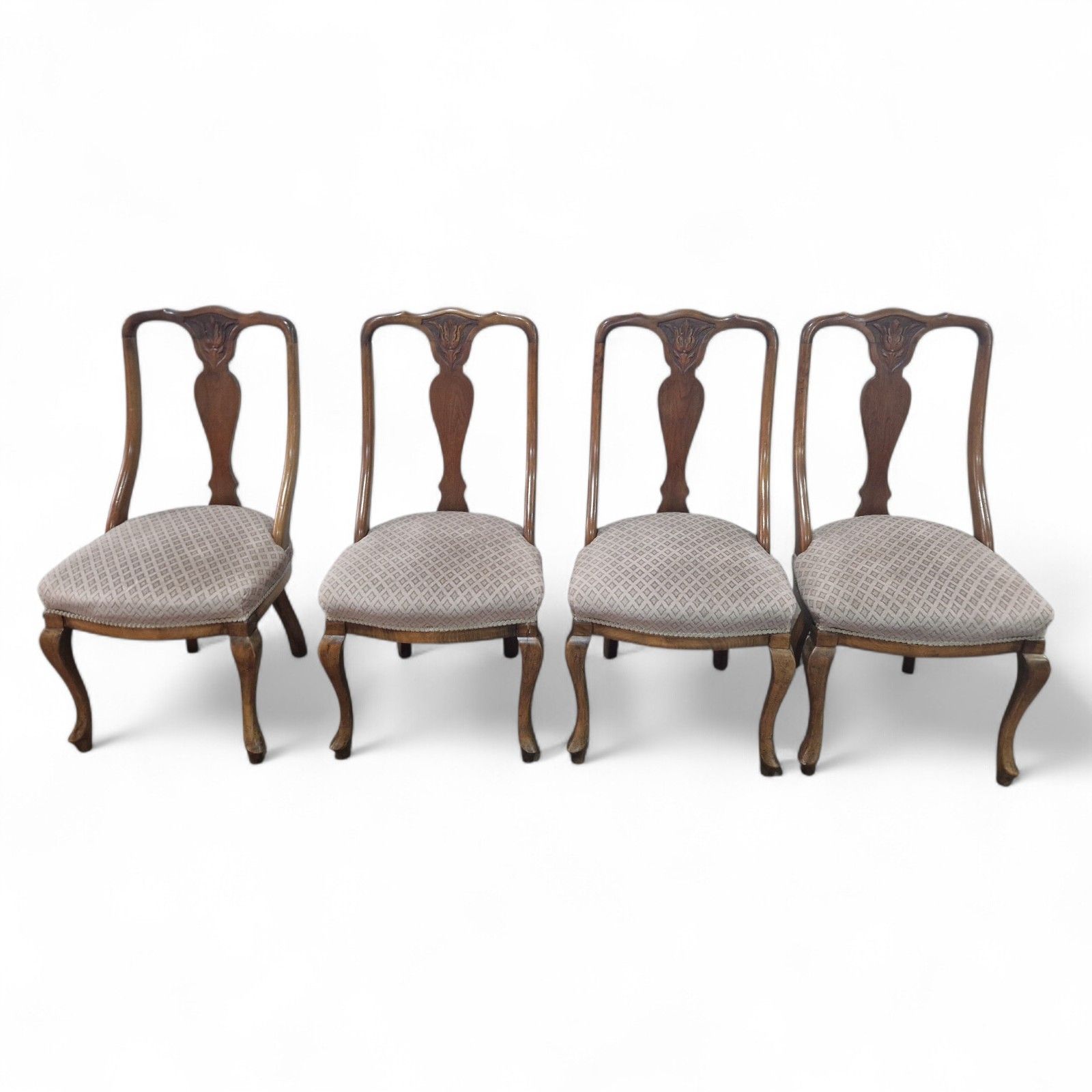 Set Of 4 Carved Walnut Dining Chairs Antique Scoop Back Chairs Carbiole Leg photo furniture